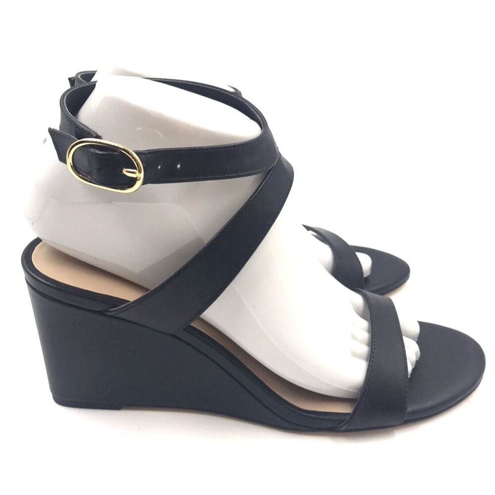 STUART WEITZMAN Avenue Leather Wedge Sandals, Black, Size  7.5 MSRP $475
